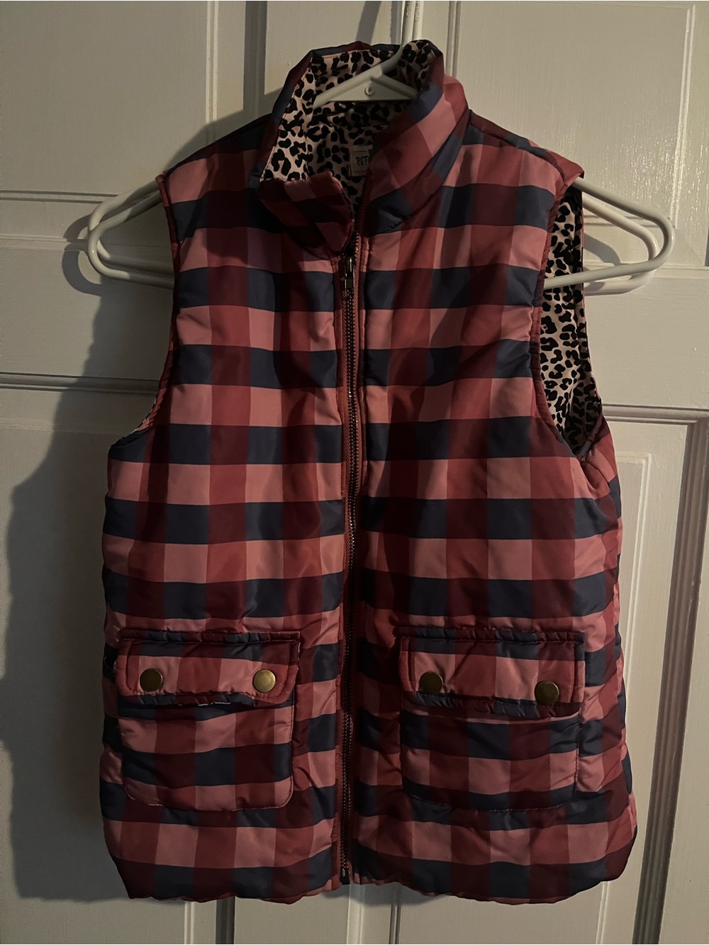 Girls Pink and Navy Buffalo Check Puffer Vest - Leopard Lining